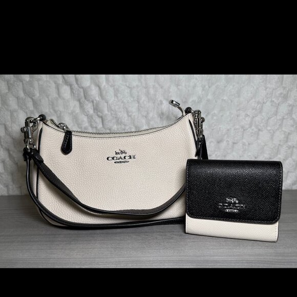 Coach Teri Shoulder Bag Purse and Matching Small Trifold Wallet - White (Chalk)